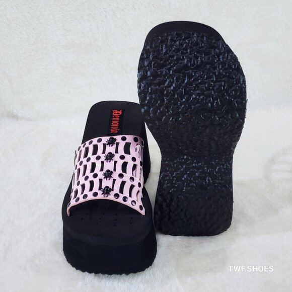 Funn 13 Platform Goth Sandals Pink Hologram Patent Cut Out Web Spider Studs - Picture 2 of 9